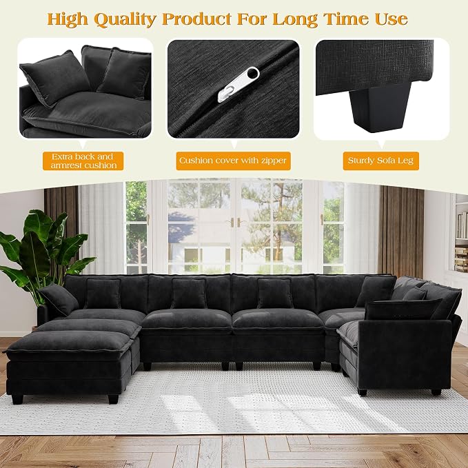 113.8" Modular Sectional Sofa,Cloud Couch for Living Room,Modern Deep Seat Sofa 5 Seater Chenille Fabric Comfy L Shaped Couches with Throw Pillows & Movable Ottoman for Apartment