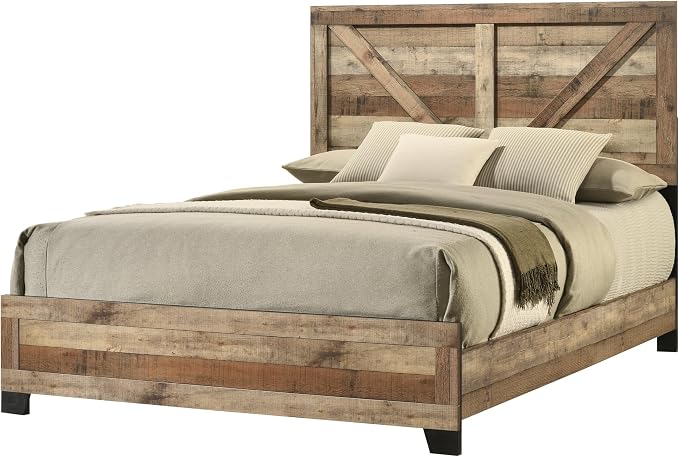Kings Brand Furniture 3-Piece Antique Natural Bedroom Set – King Size Wood Bed Frame with 2 Nightstands