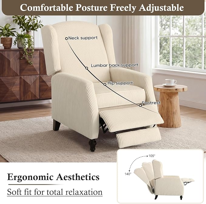Upholstered Wingback Recliner Chair, Cozy Corduroy Manual Push Back Recliner for Living Room, Bedroom (2, Beige)