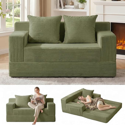 Erament Boneless Loveseat Convertible Sofa Bed, Folding Floor Futon Sleeper Sofa Couch Bed- Boneless Foldable Couch, Corduroy Pull Out Sofa Bed with 2 Pillows for Living Room & Bedroom