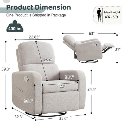 Swivel Rocker Recliner, Oversized Teddy Manual Nursery Glider Rocking Recliner with Removable Cushion, Upholstered Boucle Swivel Reclining Chair for Nursery Living Room Bedroom, Grey