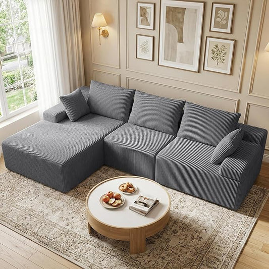 kinmars 108" Boneless Sectional Couch,Corduroy Cloud Couch Sectional for Living Room,Modern L Shaped Modular Sectional Couch,3 Seater Sofa (Dark Gray, 108.9" L Shaped with Left Facing Chaise)