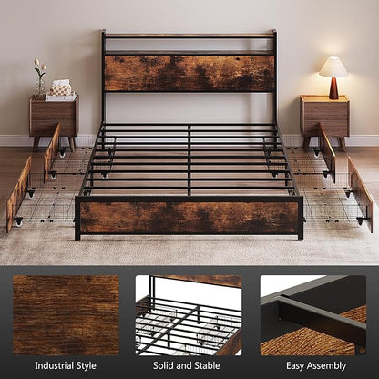 VINGLI Full Platform with 4 Storage Drawers and Headboard, Metal Double Bed with Charging Station and LED Lights, No Box Spring Needed, Noise Free, Easy Assembly, Vintage Brown