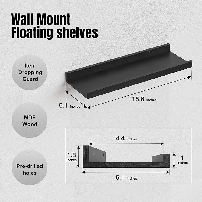 RICHER HOUSE 3 Set Floating Shelves for Wall, 16 inches Black Wall Mounted Shelves with Lip for Storage, Display Picture Ledge Shelf for Bedroom Bathroom Kitchen Living Room Decor, Modern Black
