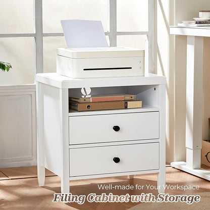 Huuger Nightstand with Charging Station, White Nightstand with 2 Drawers, Bed Side Table for Bedroom, Bedside Table with Storage, Modern Nightstands, Metal Knobs, Painted Surface