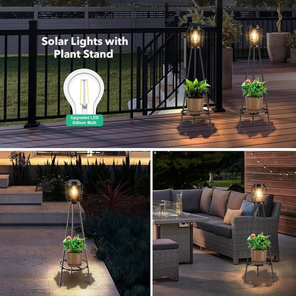 MXwcy 2 Pack Solar Lights Outdoor with Plant Stands, Solar Floor Lamp with LED Edison Bulbs for Garden Yard Pathway Driveway Front/Back Porch Decoration