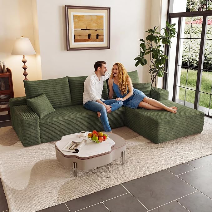95" Cloud Sectional Couch with L-Shape Chaise, Modular Comfy Sofa Chaise Longue, Upholstered Corduroy Couches Sleeper with Deep Seat for Living Room Bedroom, No Assembly Required(Green, Right Facing)