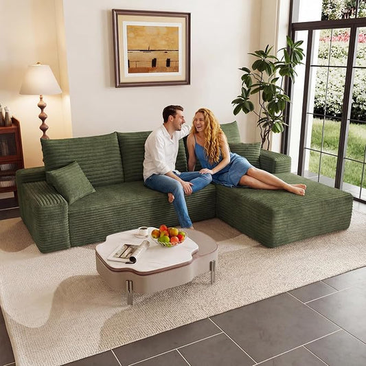 95" Cloud Sectional Couch with L-Shape Chaise, Modular Comfy Sofa Chaise Longue, Upholstered Corduroy Couches Sleeper with Deep Seat for Living Room Bedroom, No Assembly Required(Green, Right Facing)
