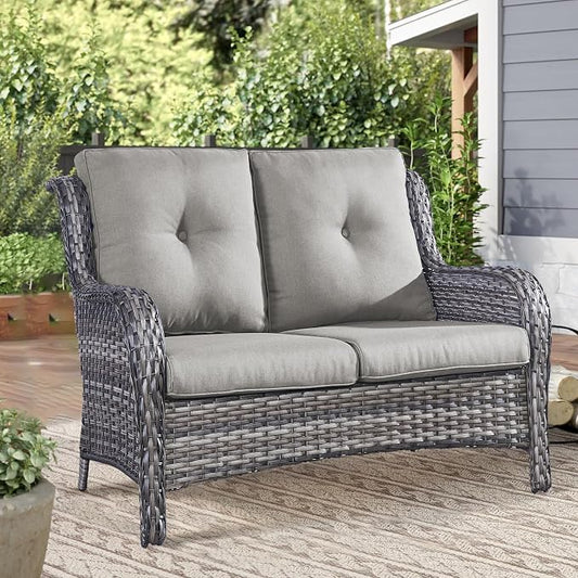 Outdoor Loveseat Sofa-2 Seater Rattan Wicker Patio Couch High Back Patio Sofa for Porch Deck Backyard-Greywicker/Grey