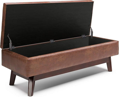 SIMPLIHOME Owen Rectangular Storage Ottoman - 48 inch Wide Upholstered Vegan Leather Lift-Top Ottoman in Distressed Saddle Brown, Mid-Century Modern Ottoman for Living Room with Tufted Detail