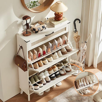 LEYAOYAO Shoe Cabinet Storage for Entryway with 2 Flip Drawers Rack Narrow Organizer Slim Hidden Wood Shoe Cabinet Furniture Off White