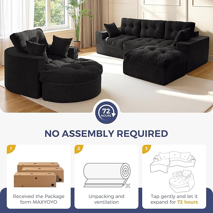 MAXYOYO L Shape Sectional Sofa Couch and Round Chaise Lounge, Modern Cloud Couch with Ottoman, Comfy Sofa with Layered Cushion, Tufted Upholstered Chair for Living Room, No Assembly Required