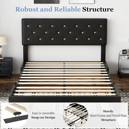 VECELO Queen Size Bed Frame with 3 Storage Drawers, Leather Upholstered with Diamond Tufted Headboard, Solid Wood Slat Support & Steel Framework, PU & Black