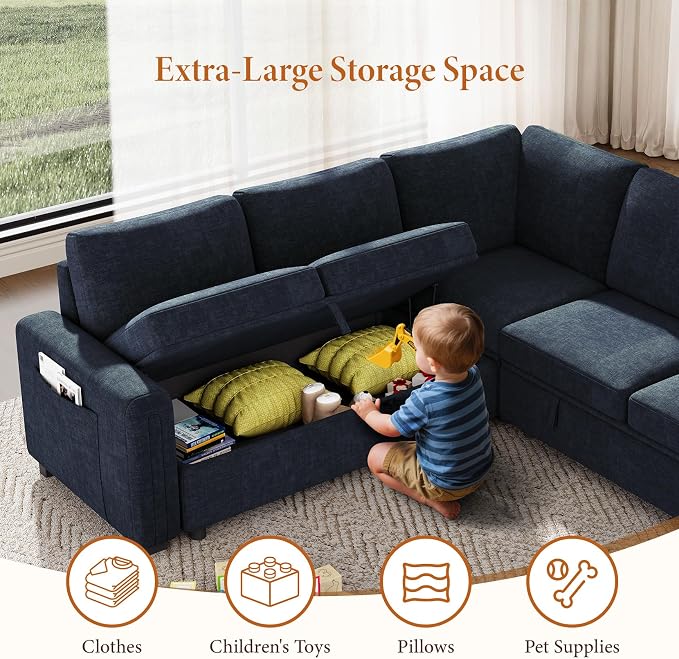Vesgantti 88.4" Sleeper Sectional Couch with Pull Out Bed, 5 Seater L Shaped Modular Sectional Sofa with Storage, Comfy Chenille Modular Sofa for Living Room, Bedroom, Apartment, Blue