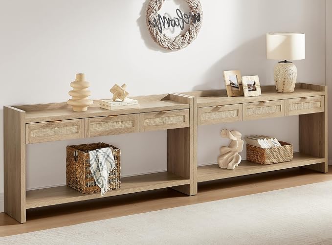 SICOTAS Rattan Console Table Set of 2 - Large Boho TV Console Entry Table with 3 Storage Drawers, 60" Long Sofa Table Behind Couch for Living Room, Hallway, Foyer, Entryway