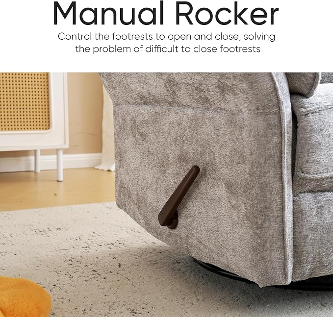 Rocking Chair Nursery with Adjustable Headrest,Manual Swivel Rocker Recliner Nursery Chair with Overstuffed Armrest,Glider Rocker Recliner for Living Room & Bedroom,Light Grey