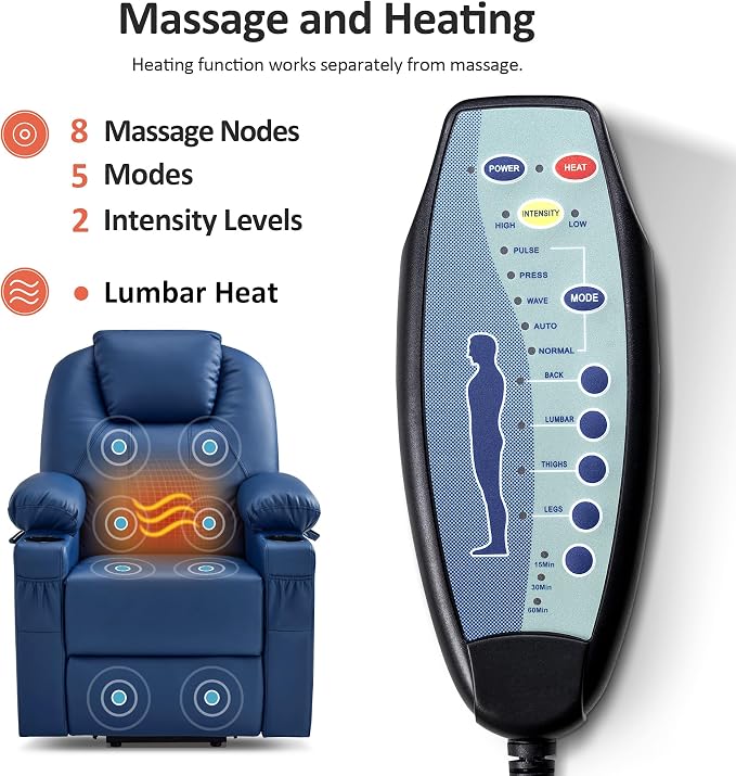 MCombo Power Lift Recliner Chair for Elderly, Lift Chair with Heat and Massage, FSC Certified, USB Ports, Cup Holders, Faux Leather 7141 (Blue, Small)