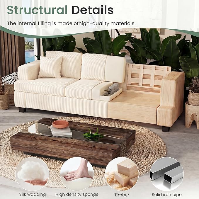 YOUDENOVA 63" Corduroy Sofa Couch Loveseat for Living Room, Small Seep Seat Loveseat Sofa for Bedroom, Comfy Chenille Couch for Small Spaces, White Corduroy