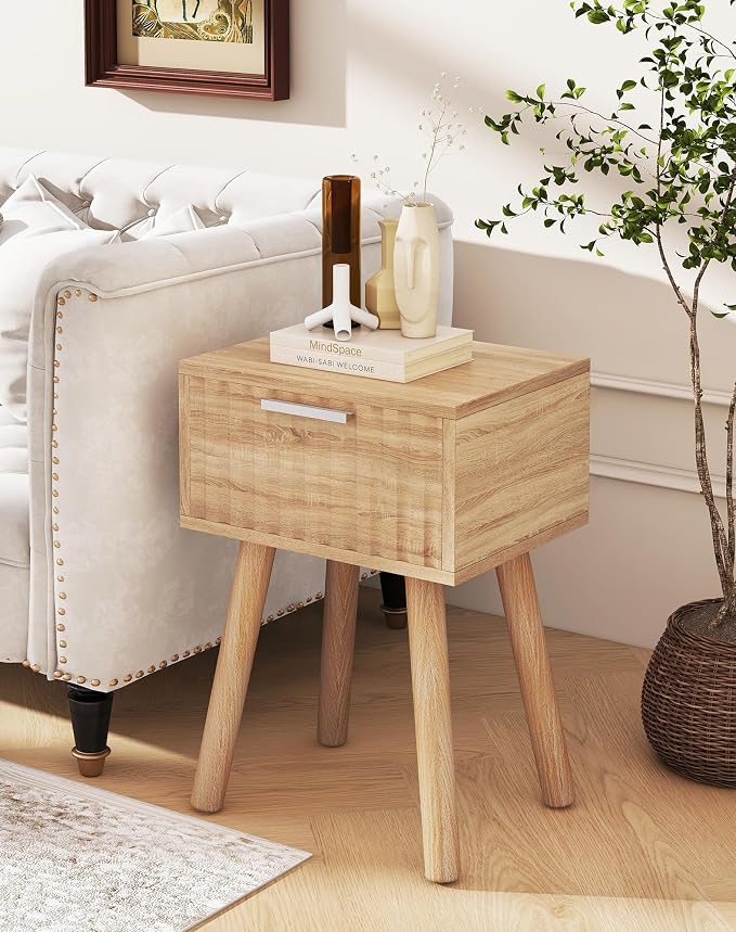 YMYNY Narrow Fluted Nightstand Set of 2, Small End Table, Modern Coffee Table with Drawer, Solid Wood Legs, Retaining Chain, for Bedroom and Small Spaces, Natural UHST014R-2