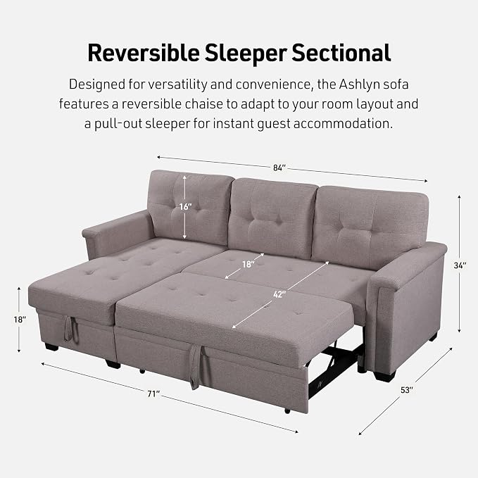 Lilola Home Convertible Sleeper Sofa Bed 84 Inch, L Shaped Sectional Couch with Pull Out Bed, USB Charging Ports, Storage Chaise for Living Room, Office, Linen Fabric, Light Gray