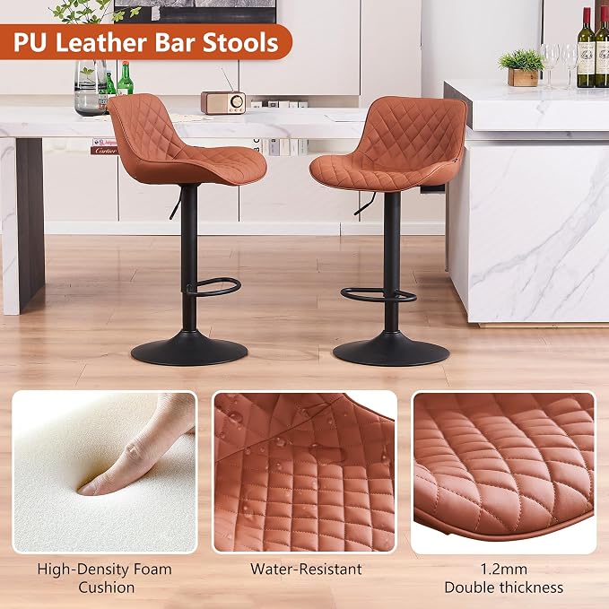 YOUTASTE Coffee Brown Bar Stools Set of 2 Adjustable Counter Height Barstools Faux Leather Bar Stool with Back Swivel Modern Metal Diamond Bar Chairs Home Kitchen Island Restuarant