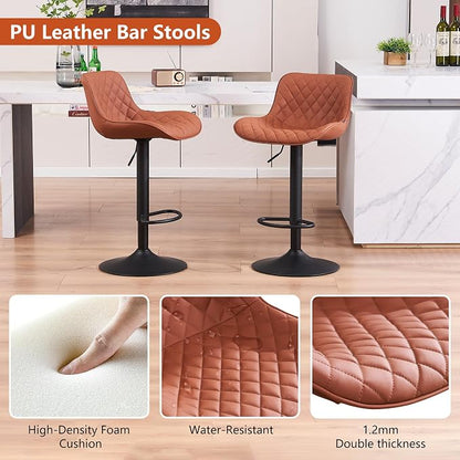 YOUTASTE Coffee Brown Bar Stools Set of 2 Adjustable Counter Height Barstools Faux Leather Bar Stool with Back Swivel Modern Metal Diamond Bar Chairs Home Kitchen Island Restuarant
