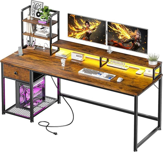 EnHomee 55" Reversible Computer Desk, Hutch, USB & LED, Rustic Brown | Fits 2 Monitors on Stand; Drawer & 3 Shelves; 60,000 Colors Music Sync RGB; 3 AC Ports & Type-C; Steel Frame; Easy Build