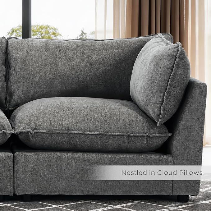 Iroomy Modular Sectional Sofa, Oversized Chenille Cloud Couch, Deep Comfy Seat, 5-Seater Sofas Couches for Living Room, Dark Grey