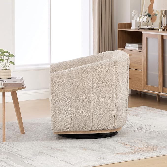 Swivel Barrel Chair, 360 Degree Round Swivel Accent Chair for Living Room, Mid Century Modern Upholstered Accent Chair,Comfy Tufted Sofa Armchairs for Bedroom,Nursery,Boucle,Wheat