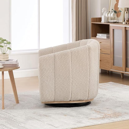 Swivel Barrel Chair, 360 Degree Round Swivel Accent Chair for Living Room, Mid Century Modern Upholstered Accent Chair,Comfy Tufted Sofa Armchairs for Bedroom,Nursery,Boucle,Wheat