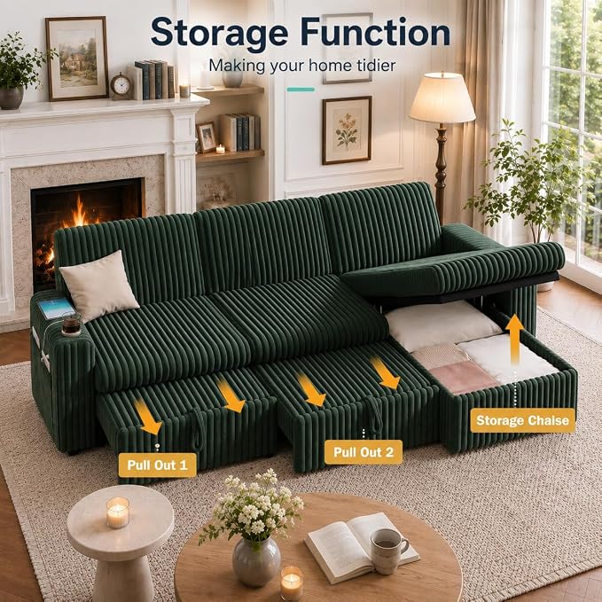 Vipbear 101" Sectional Sleeper Sofa with Pull Out Bed,5-Level Adjustable Backrest,3 Seat Modular Couch with Storage,Tool Free Assembly,USB & Cup Holders, Corduroy Sofa for Living Room, Green