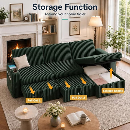 Vipbear 101" Sectional Sleeper Sofa with Pull Out Bed,5-Level Adjustable Backrest,3 Seat Modular Couch with Storage,Tool Free Assembly,USB & Cup Holders, Corduroy Sofa for Living Room, Green