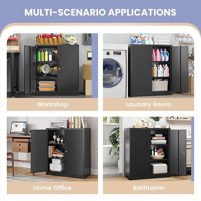 36" H Metal Storage Cabinet, Black Metal Cabinet with 2 Lockable Doors and 2 Adjustable Shelves, Garage Storage Cabinet for Home Office, Garage, School, Apartment, Warehouse