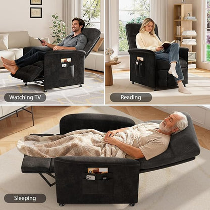Power Recliner Chair for Adults with Heat & Massage - Soft Fabric Electric Reclining Sofa with Remote Control, 3 Side Pockets, 180° Lay Sleeper for Home Theater Living Room, Black