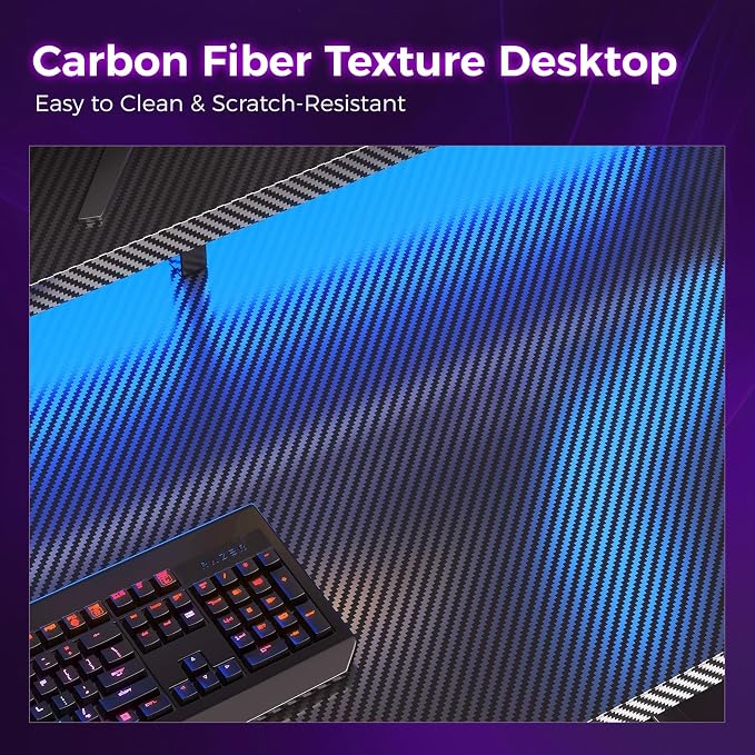 AODK 55 Inch Gaming Desk with LED Lights, Computer Desk with Storage Shelves, Reversible Desk with Monitor Stand, Carbon Fiber Black