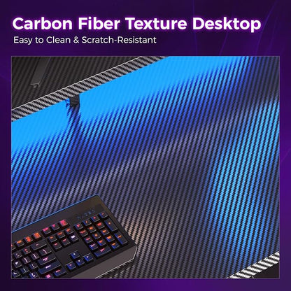 AODK 55 Inch Gaming Desk with LED Lights, Computer Desk with Storage Shelves, Reversible Desk with Monitor Stand, Carbon Fiber Black