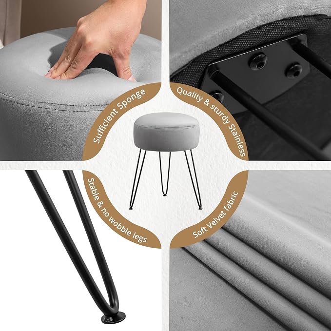 LUE BONA Vanity Stool, Gray Vanity Stools for Makeup Room, Round Ottoman Foot Stool, Velvet Footrest Vanity Chair for Bathroom Vanity, Bedroom, Living Room, Entryway, Offices, 300lbs