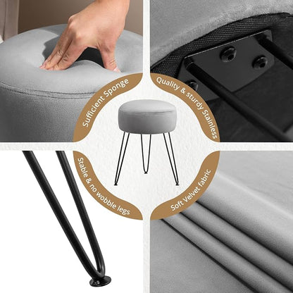 LUE BONA Vanity Stool, Gray Vanity Stools for Makeup Room, Round Ottoman Foot Stool, Velvet Footrest Vanity Chair for Bathroom Vanity, Bedroom, Living Room, Entryway, Offices, 300lbs