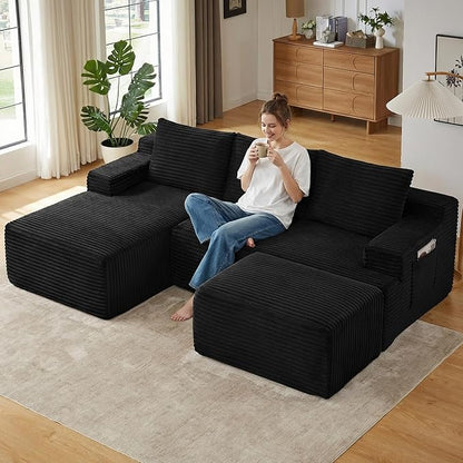 96" Cloud Sectional Couch U-Shaped Chaise with Ottoman, Corduroy Boneless Couch for Living Room Bedroom, Deep-Seat Upholstered Modular Cloud Sofa, No Assembly Required (Black, Left Facing Chaise)