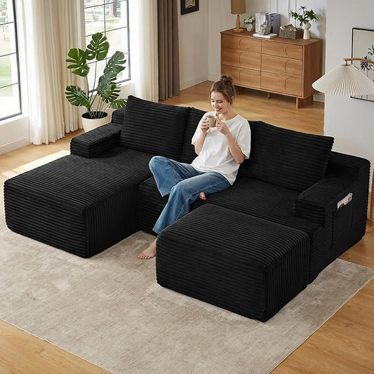 96" Cloud Sectional Couch U-Shaped Chaise with Ottoman, Corduroy Boneless Couch for Living Room Bedroom, Deep-Seat Upholstered Modular Cloud Sofa, No Assembly Required (Black, Left Facing Chaise)