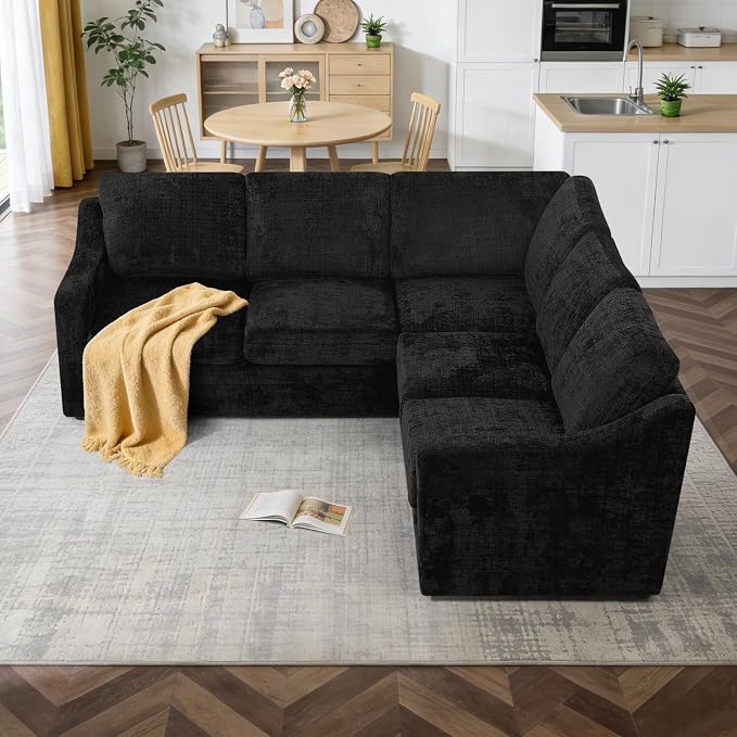 89" Chenille Sectional Sofa with High Density Sponge, Modern 5 Seats Corner Couch with Deep Seat, Comfy Modular L Shaped Couch with Comfortable Back Cushions for Living Room, Black