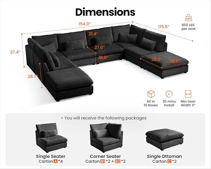 154" Oversized Corduroy Couch Modular Sectional Sofa, Washable Cloud Couch Sectional with 4 Ottoman, 8 Seater Sectional Couches for Living Room, Fully Cover Removable, Sleeper Sofa, Corduroy, Black