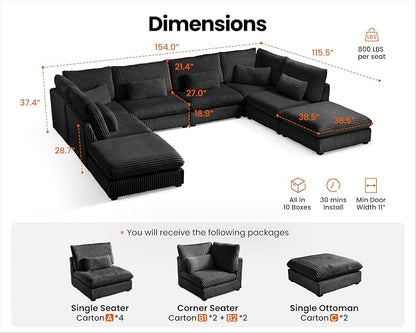 154" Oversized Corduroy Couch Modular Sectional Sofa, Washable Cloud Couch Sectional with 4 Ottoman, 8 Seater Sectional Couches for Living Room, Fully Cover Removable, Sleeper Sofa, Corduroy, Black