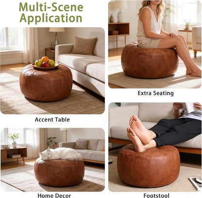 Thgonwid Unstuffed Moroccan Storage Pouf Foot Stool Ottoman Seat Handmade Faux Leather Bean Bag Floor Chair Foot Rest for Living Room, Bedroom or Balcony (Light Brown)