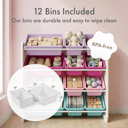 Humble Crew Toy Storage Organizer with 12 Removable Storage Bins for Kids Playroom, 4-Tier Toddler Toy Organization, White/Pink/Purple/Turquoise