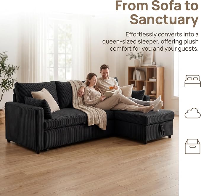 Queen Sleeper Sofa, Convertible Sofa Bed with Storage, 85 Inch Sectional Couch with Pull Out Bed, L Shaped 3 Seat Sectional Sleeper Sofa for Living Room, Apartment, Black