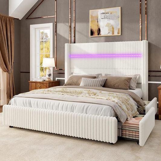 Jocisland Full Size Corduroy Upholstered Bed Frame with 4 Storage Drawers & 51.2" Tall Wingback Headboard, LED Platform Bed with Charging Station, Easy Assembly, No Box Spring Needed, White