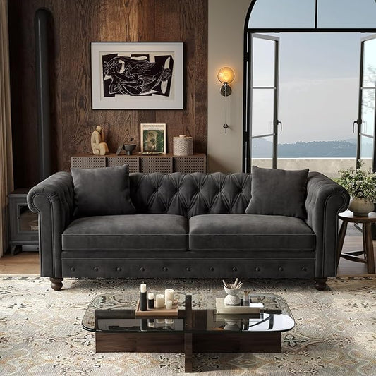 ONBRILL 82 Inch Chesterfield Sofa, 23 Inch Deep Seat Velvet Couch for Living Room, Button Tufted Couch with Rolled Arms, 2 Throw Pillows, Comfy Vintage Loveseat Sofa for Apartment, Black