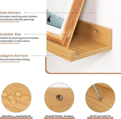 Fun Memories Picture Ledge Shelves Set of 2, 32 Inch Rustic Wall Mounted Floating Shelves with Lip for Home Storage and Décor in Bathroom, Kitchen, Nursery, Bedroom, Living Room, Oak
