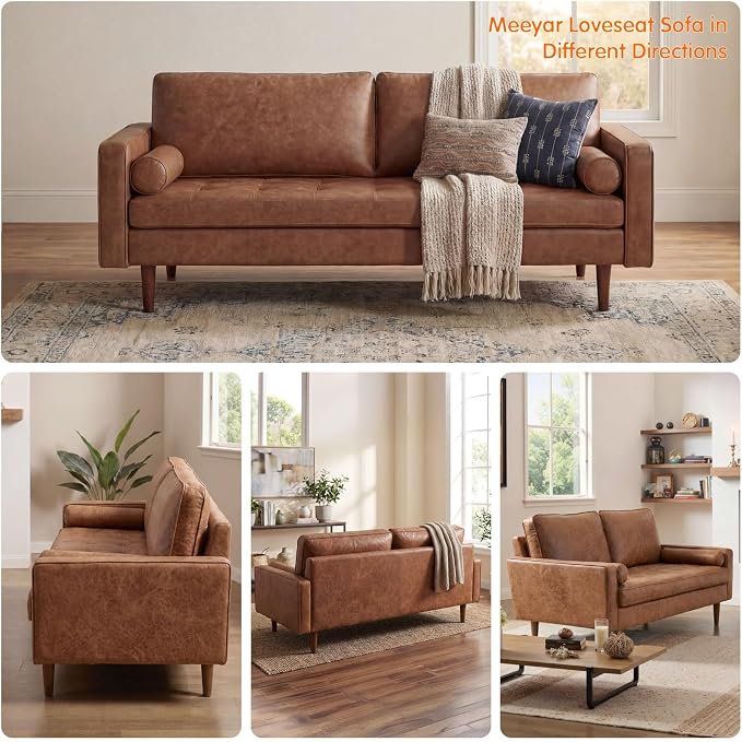 70" Mid-Century Modern Faux Leather Sofa, Comfortable Button Tufted Loveseat Couch with Bolster Pillows & Solid Wood Legs for Living Room, Apartment, Office, 1100lbs Capacity, Brown